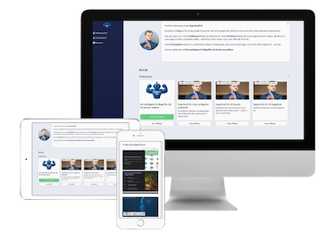 Mockup des Videokurses auf Desktop, Tablet und Smartphone mit Profilbild und Kursinhalte