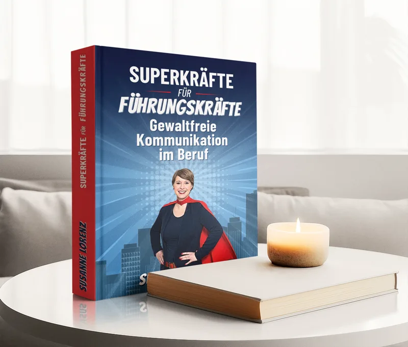 Buch Superkräfte für Führungskräfte auf Tisch mit Kerze und aufgeschlagenem Buch