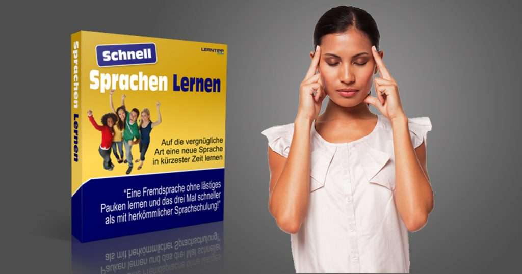 Facebook-Banner mit Schnell Sprachen Lernen Produktbox und Frau mit konzentriertem Gesichtsausdruck