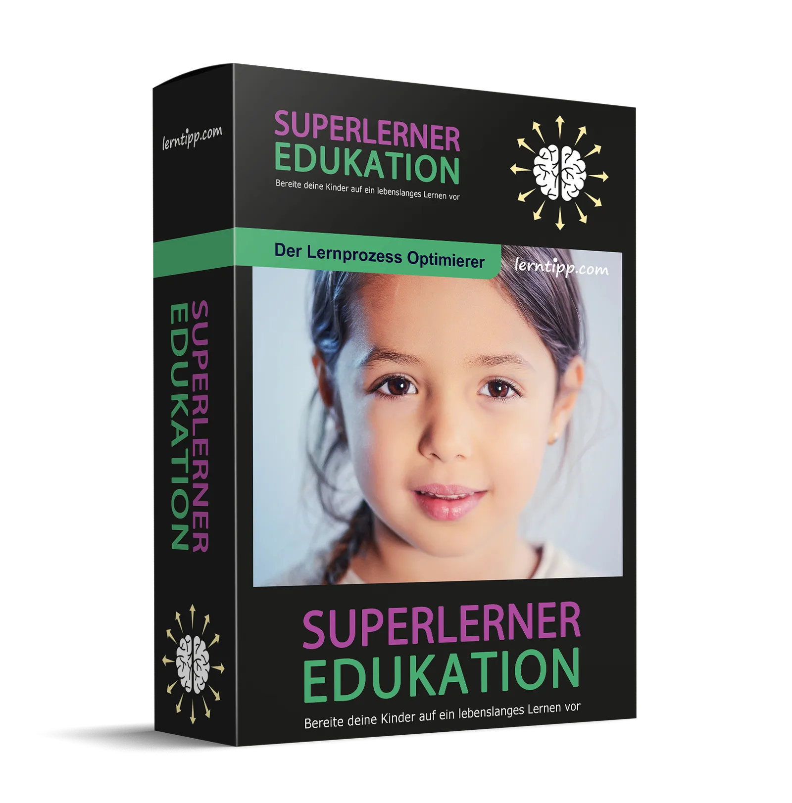 Superlerner Edukation Produktbox mit Kind und Gehirn-Logo, Untertitel Der Lernprozess Optimierer