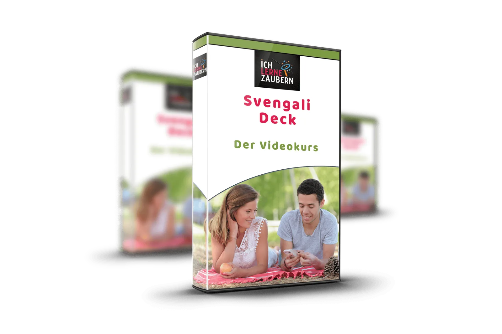 3D-Produktmockup Svengali-Deck Videokurs DVD-Box mit Anwendungsszene