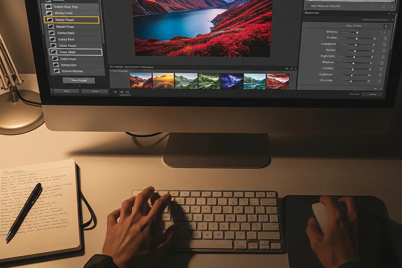 Monitor zeigt Lightroom mit Preset-Liste und farbiger Landschaftsfotografie, Hand am Keyboard, Notizbuch auf Schreibtisch