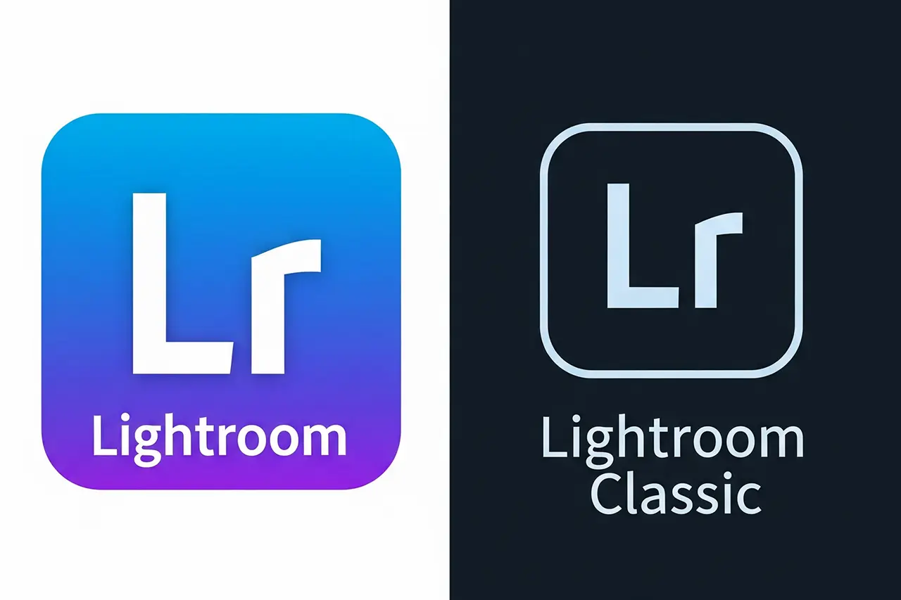 Zwei App-Icons nebeneinander: Lightroom mit blauem Farbverlauf und Lightroom Classic mit dunkelm Hintergrund