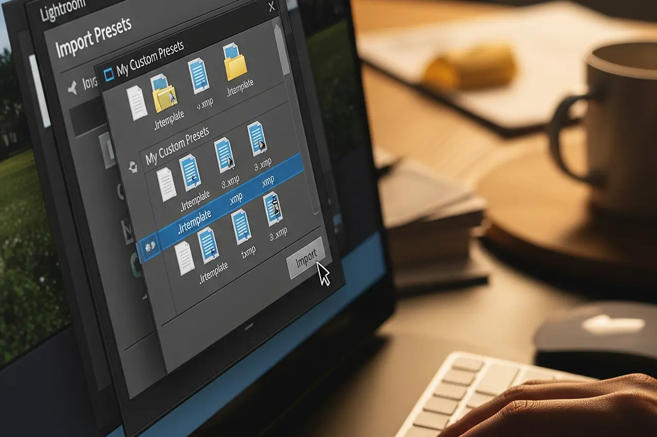 Monitor zeigt Lightroom-Importdialog mit mehreren .xmp-Preset-Dateien, Person bedient Maus am Schreibtisch