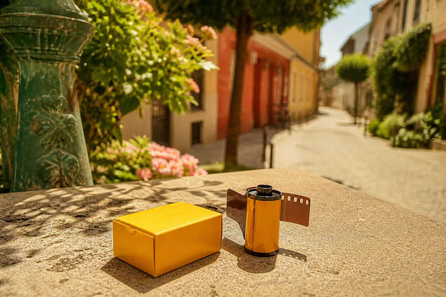 Gelbe Kodak-Gold-Filmbox und gelbe Filmrolle mit Filmstreifen auf Straße einer mediterranen Altstadt mit bunten Häusern