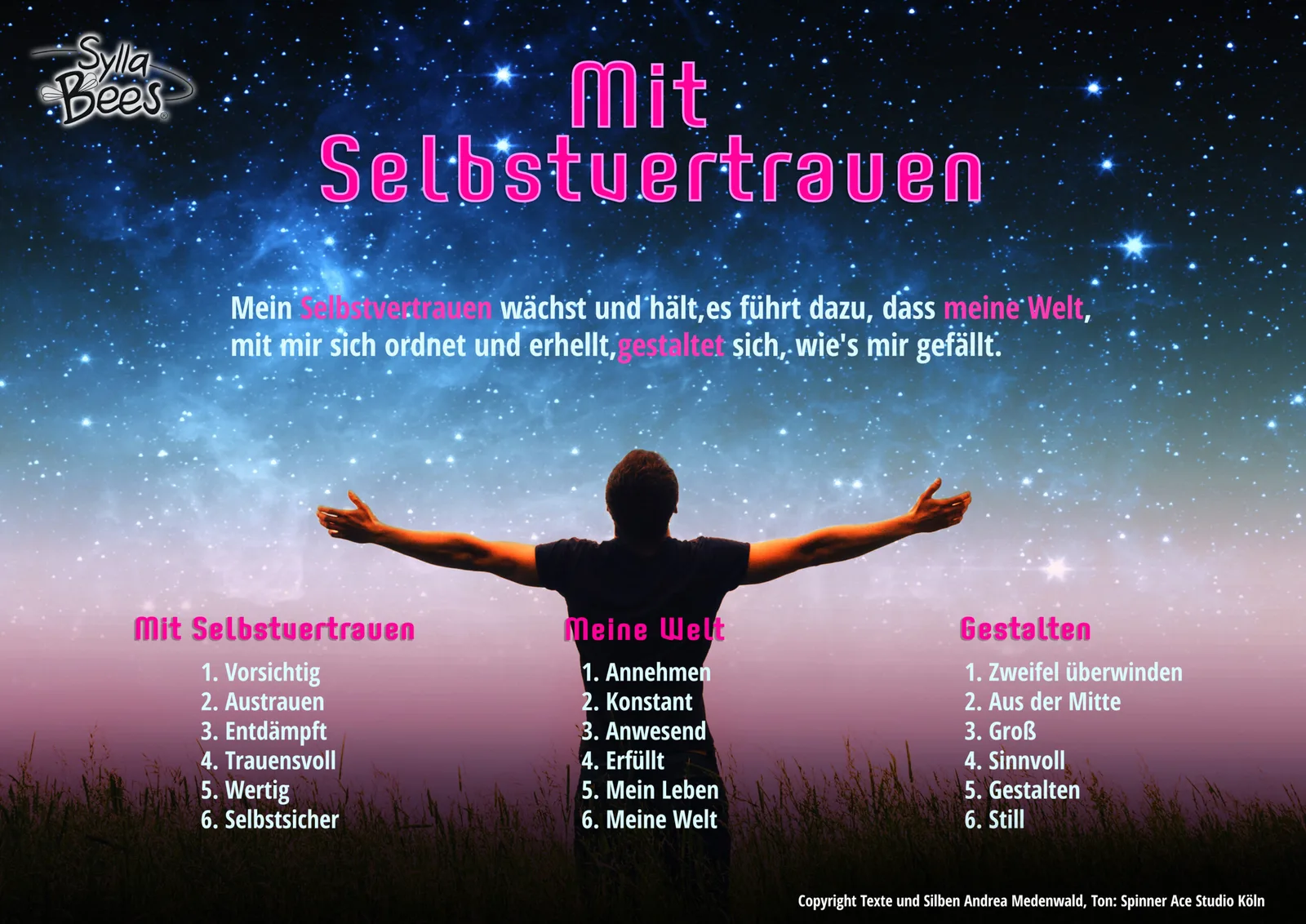 Poster Mit Selbstvertrauen mit Silhouette einer Person unter Sternen und Text zu Selbstvertrauen, innerer Welt und Gestaltung