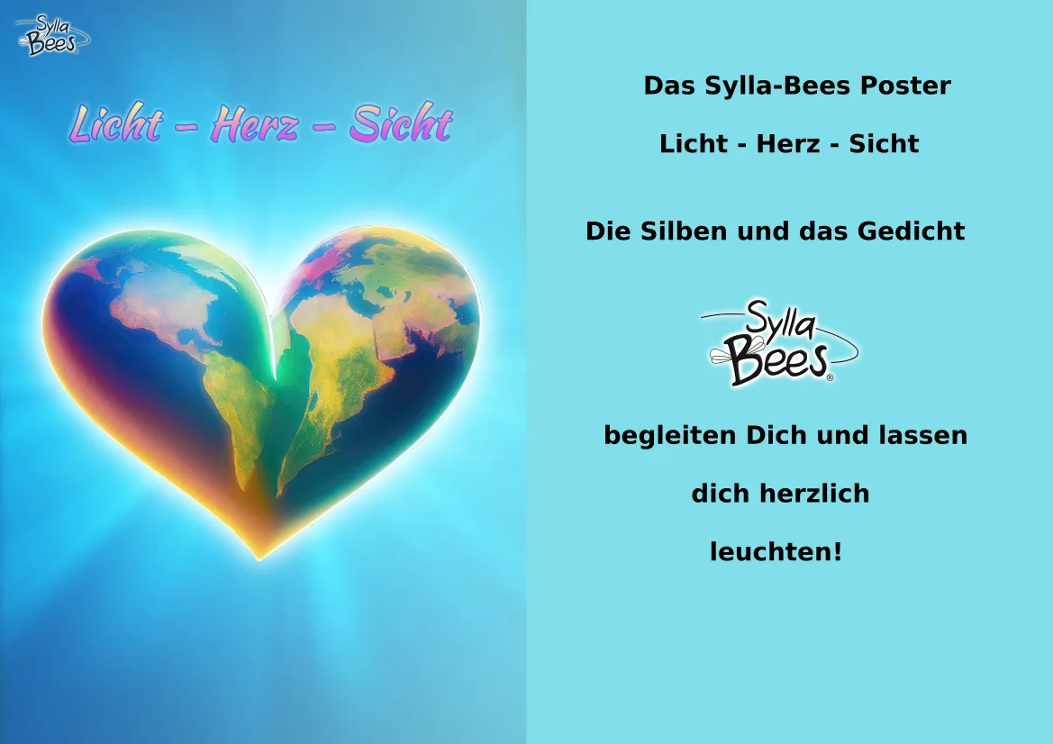 Poster Licht Herz Sicht mit zweifarbigem Erd-Herz-Motiv und deutschem Text