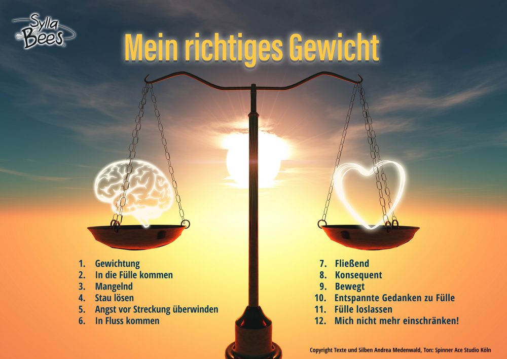 Poster Mein richtiges Gewicht mit Waage-Motiv Gehirn und Herz bei Sonnenaufgang
