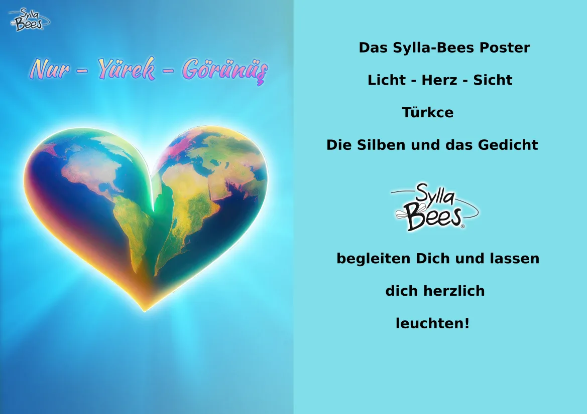 Poster Nur Yürek Göründüş mit zweifarbigem Erd-Herz-Motiv und türkischem Text zu Licht Herz Sicht