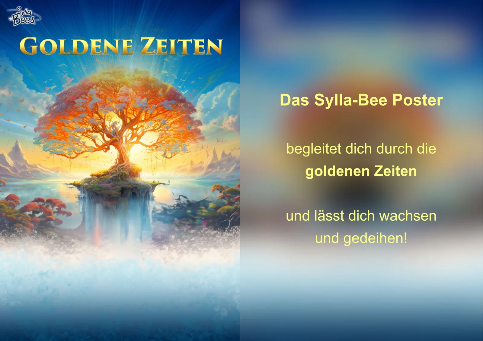 Fantasy-Illustration eines leuchtenden goldenen Baumes mit Schrift Goldene Zeiten und Sylla-Bees Poster-Text