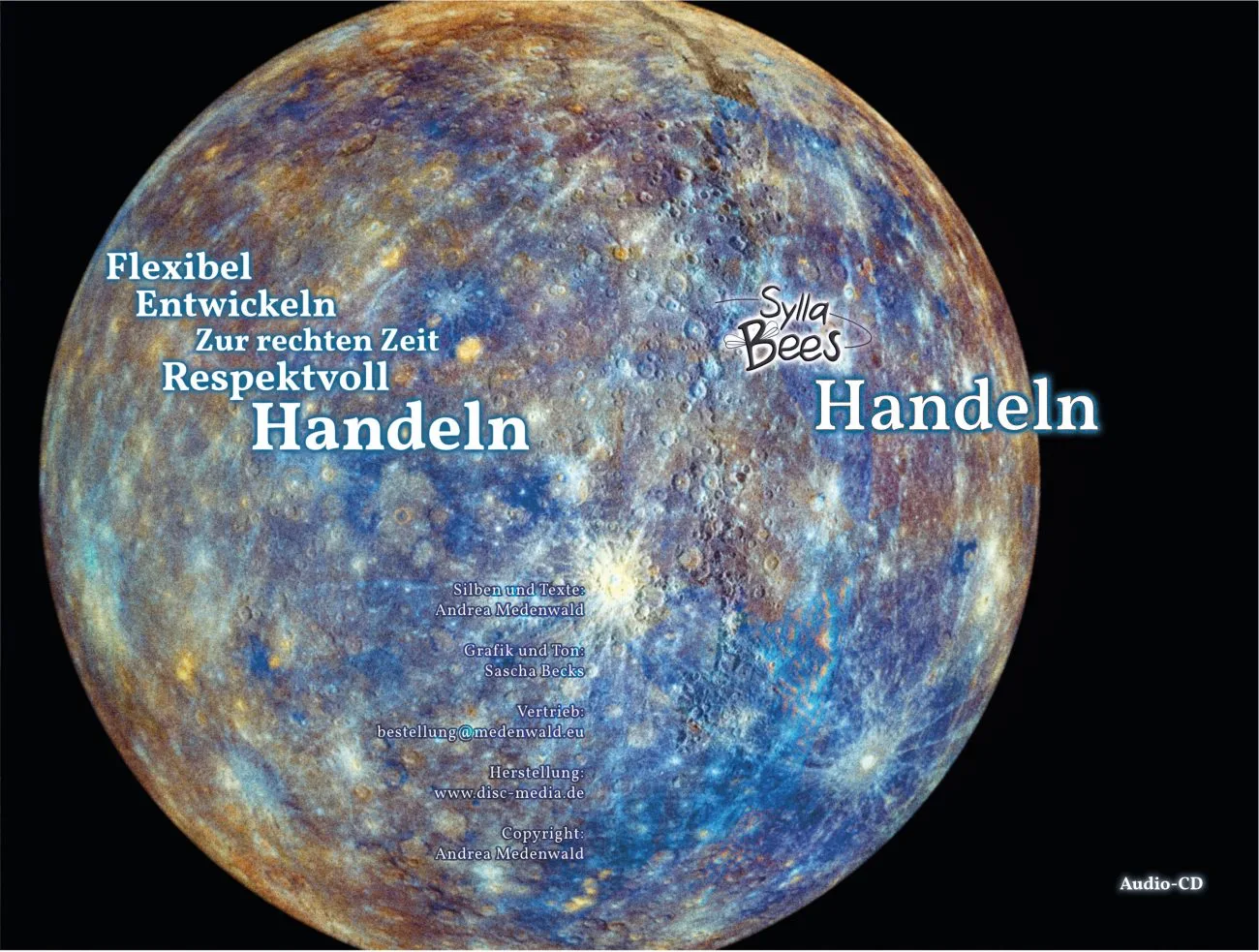 Audio-CD-Cover Handeln mit Planet-Motiv und Text Flexibel Entwickeln Zur rechten Zeit Respektvoll Handeln