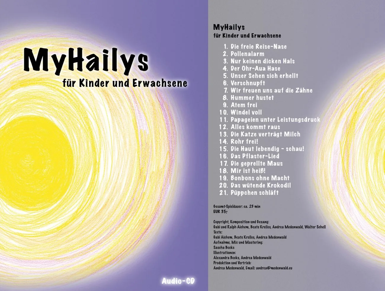 Audio-CD-Cover MyHailys für Kinder und Erwachsene mit gelbem Spiralen-Motiv und Sonnenaufgang