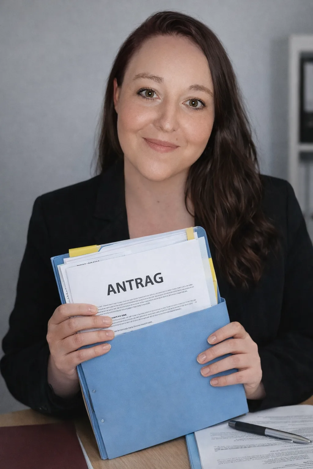 System-Exit – Videokurs zur Jobcenter-Gründung 3 Frau im schwarzen Blazer hält blauen Ordner mit Antrag-Dokument