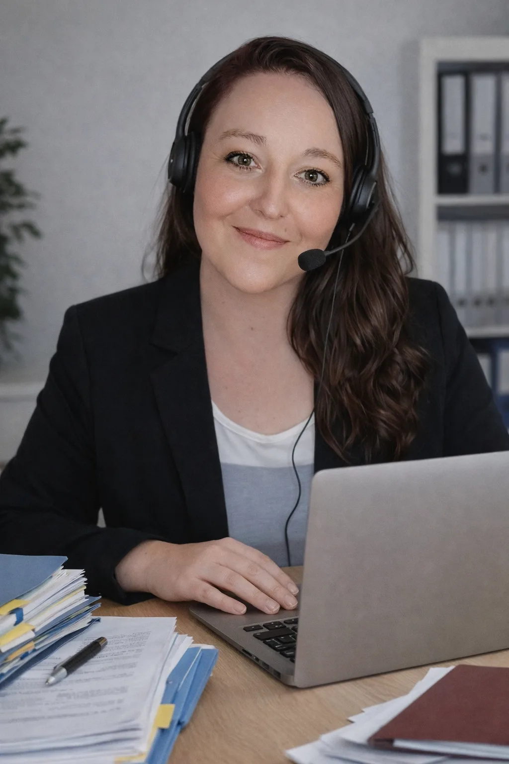 System-Exit – Videokurs zur Jobcenter-Gründung 2 Frau mit Headset am Laptop sitzt am Schreibtisch mit Dokumenten