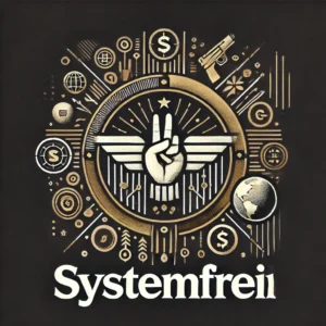 Goldene Illustration mit Friedenshand, Flügeln und Symbolen für Geld, Freiheit und Unabhängigkeit auf dunklem Hintergrund, Sc
