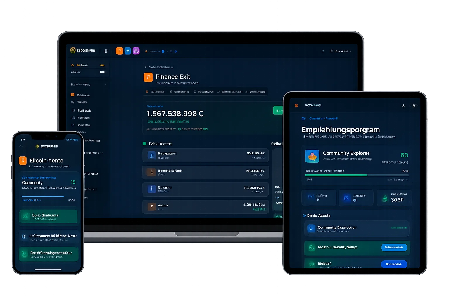 Dashboard-Interface auf Smartphone, Tablet und Desktop zeigt Finance Exit Plattform mit Vermögensübersicht, Community-Feature