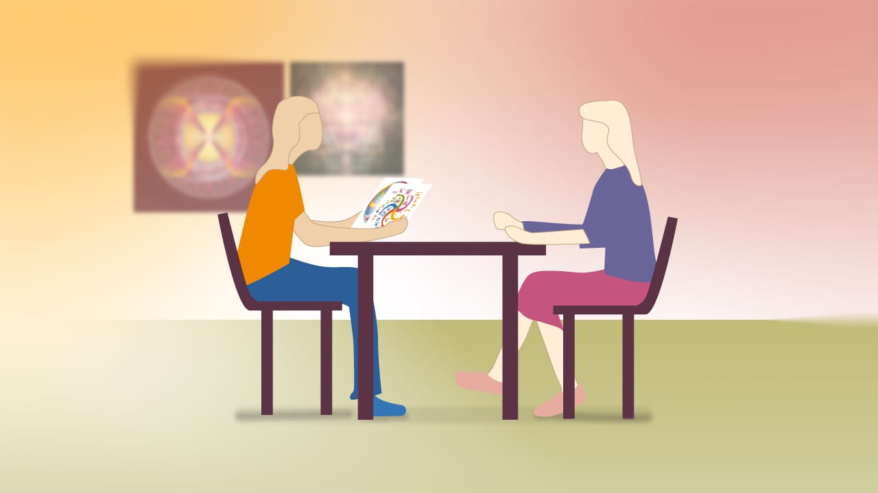Illustration einer Coaching-Beratungssituation zwischen zwei Personen an einem Tisch mit Beratungsmaterialien