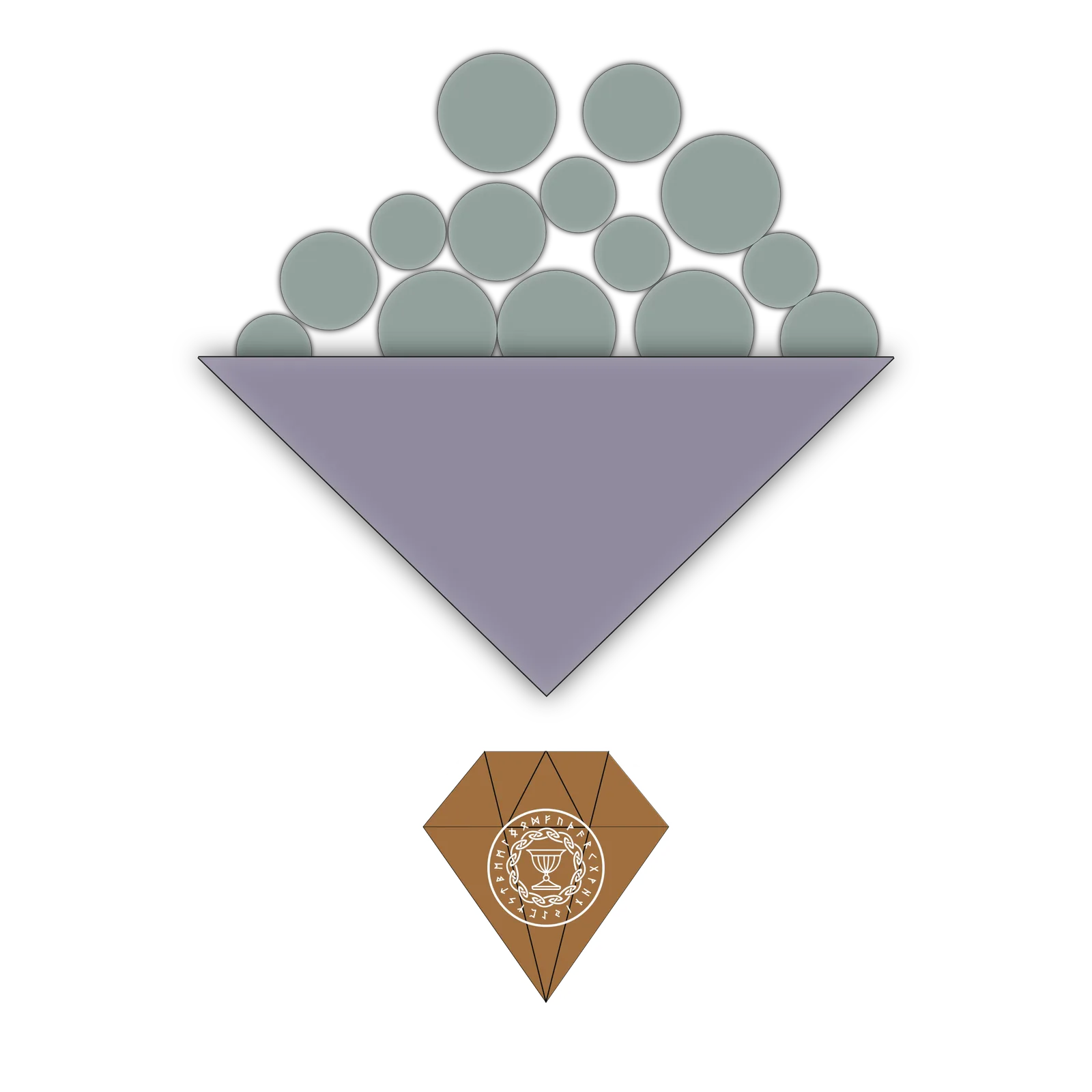 Symbolische Grafik: Trapez mit grünen Kugeln oben, darunter braune Diamantform mit Kelch-Logo