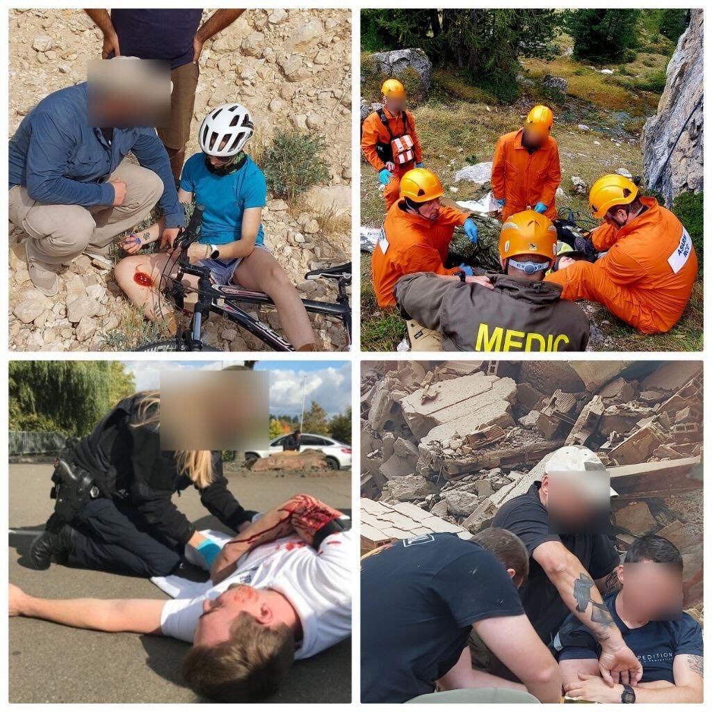 Vier Bilder von Sanitätern bei Notfallrettung in unterschiedlichen Szenen