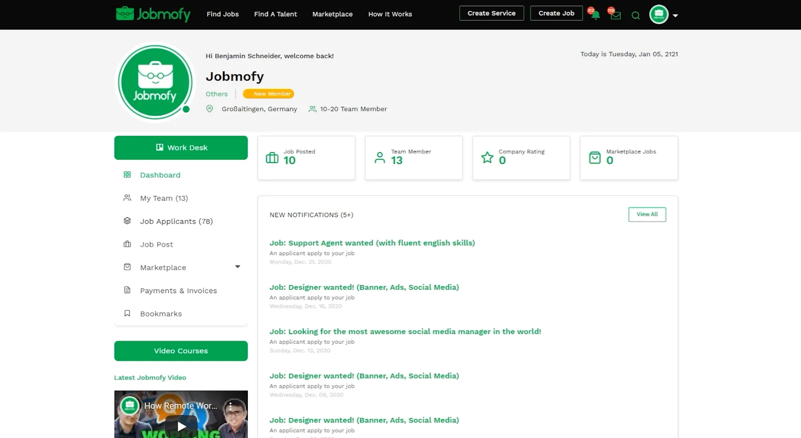 Talent – Mitgliedschaft für Remote-Recruiting von Benjamin Schneider 10 Jobmofy vollständiges Dashboard für Benjamin Schneider mit Statistiken und Benachrichtigungen