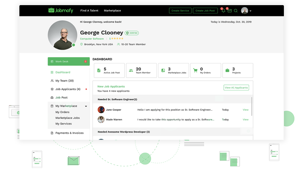 Talent – Mitgliedschaft für Remote-Recruiting von Benjamin Schneider 1 Jobmofy Dashboard mit Benutzerprofil George Clooney, Jobverwaltung und Bewerbungen