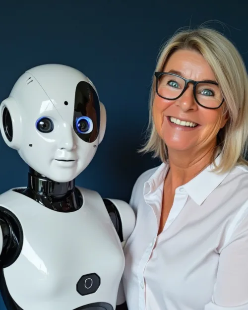 Frau mit Brille neben weißem Roboter mit blauen Augen vor dunkelblauem Hintergrund