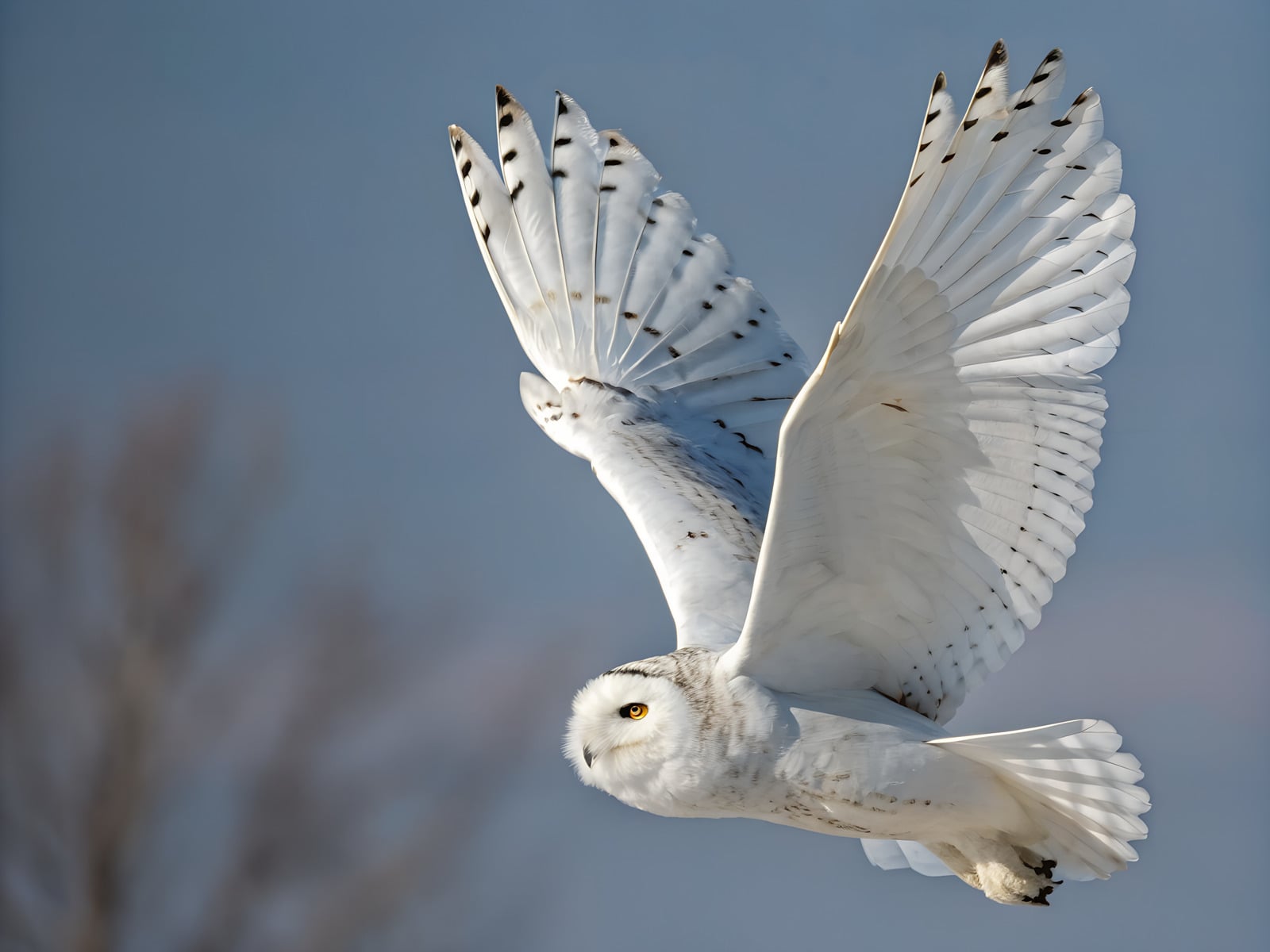 Schneeule im Flug mit ausgebreiteten Flügeln vor blauem Himmel