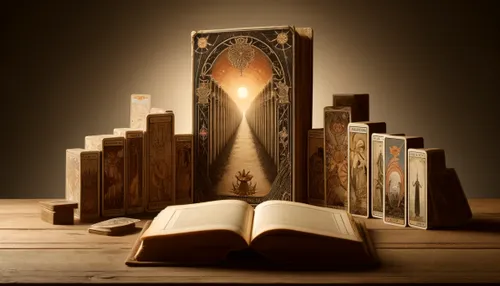 Tarot-Karten und aufgeschlagenes Buch auf Holztisch mit Beleuchtung