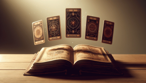 Tarot-Karten über aufgeschlagenem Buch auf Holztisch mit Lichteffekten