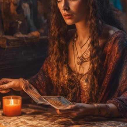 Frau mit rotem Gewand beim Kartenlegen bei Kerzenlicht, Tarot-Karten auf Tisch