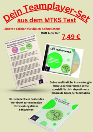 Teamplayer-Set Produktabbildung mit Testauswertung, CD und Workbook auf hellem Hintergrund