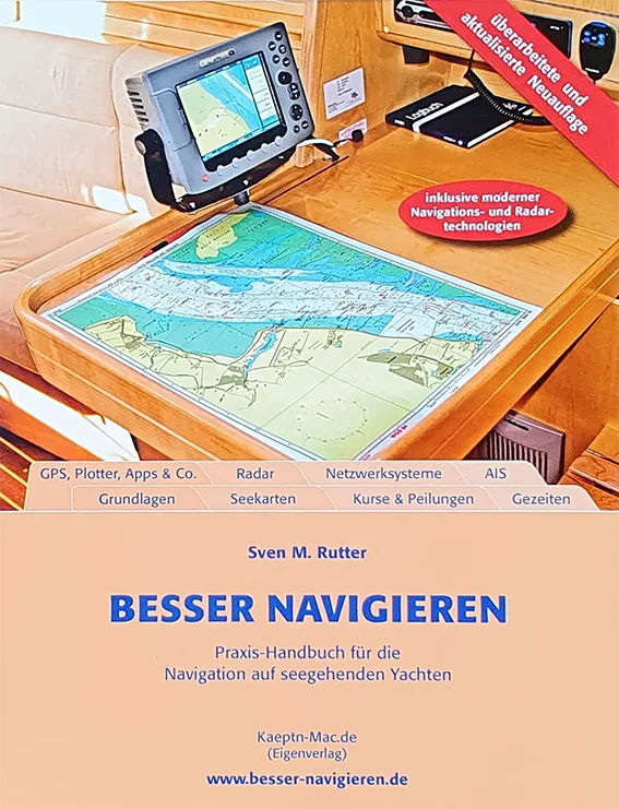 Buchtitel Besser Navigieren von Sven M. Rutter mit Foto von Navigationsgeräten und Seekarte an Schiffsbord