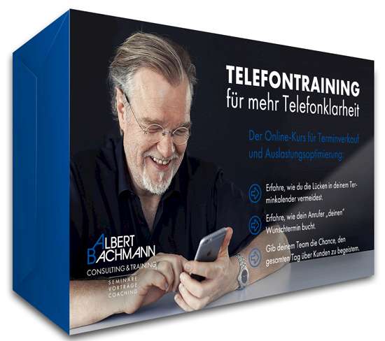 Produktbox Telefontraining für mehr Telefonklarheit mit Albert Bachmann, 3D-Darstellung mit blauem Element