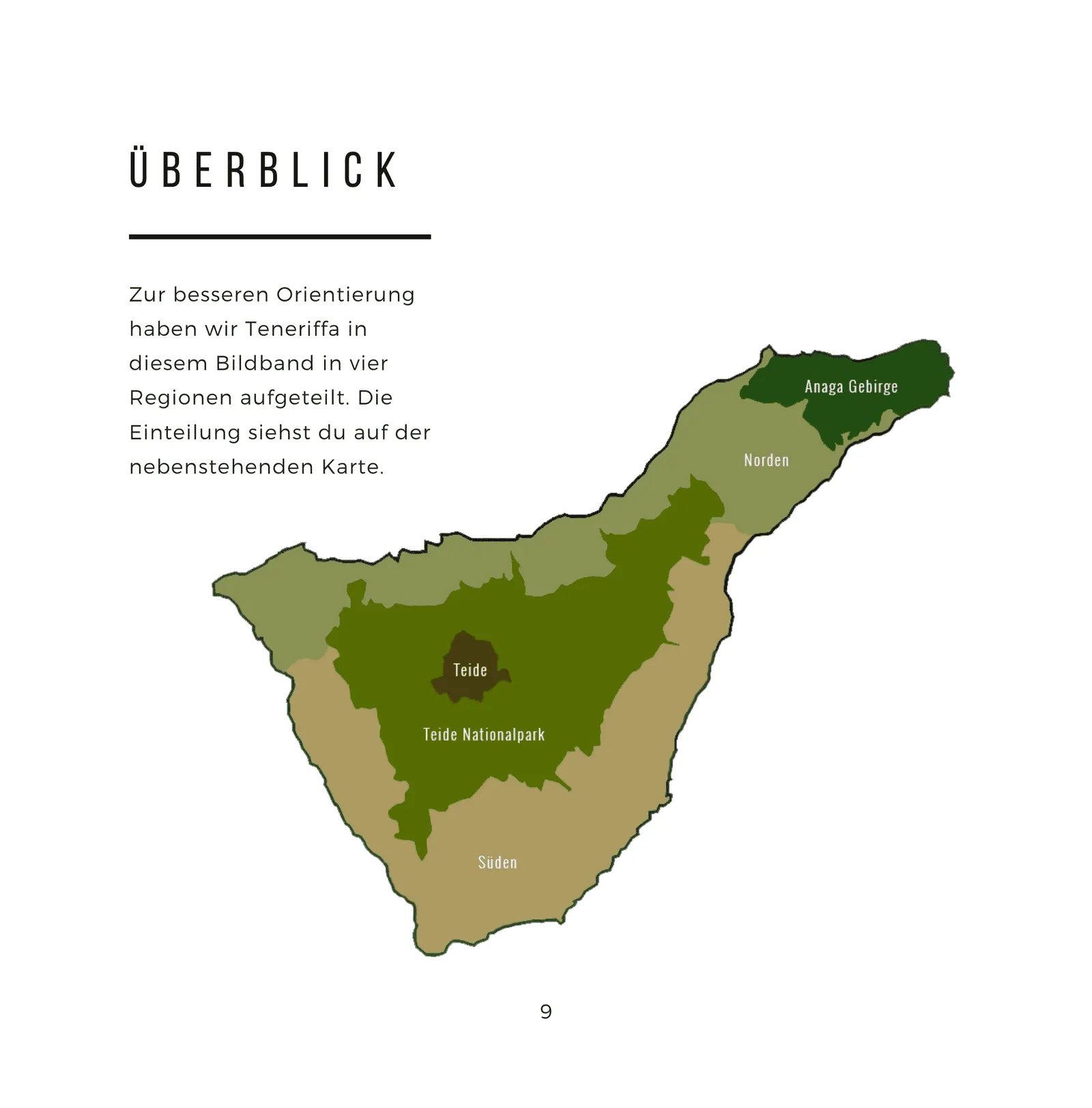 Teneriffa-Karte mit vier Regionen: Norden, Süden, Teide und Anaga Gebirge in Grüntönen