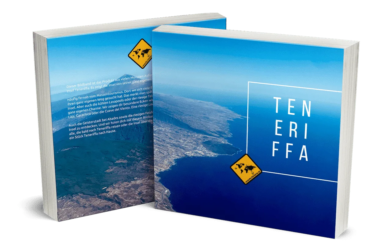 Teneriffa Bildband als aufgeschlagenes Buch-Mockup mit Luftaufnahme und TENERIFFA Text auf rechter Seite