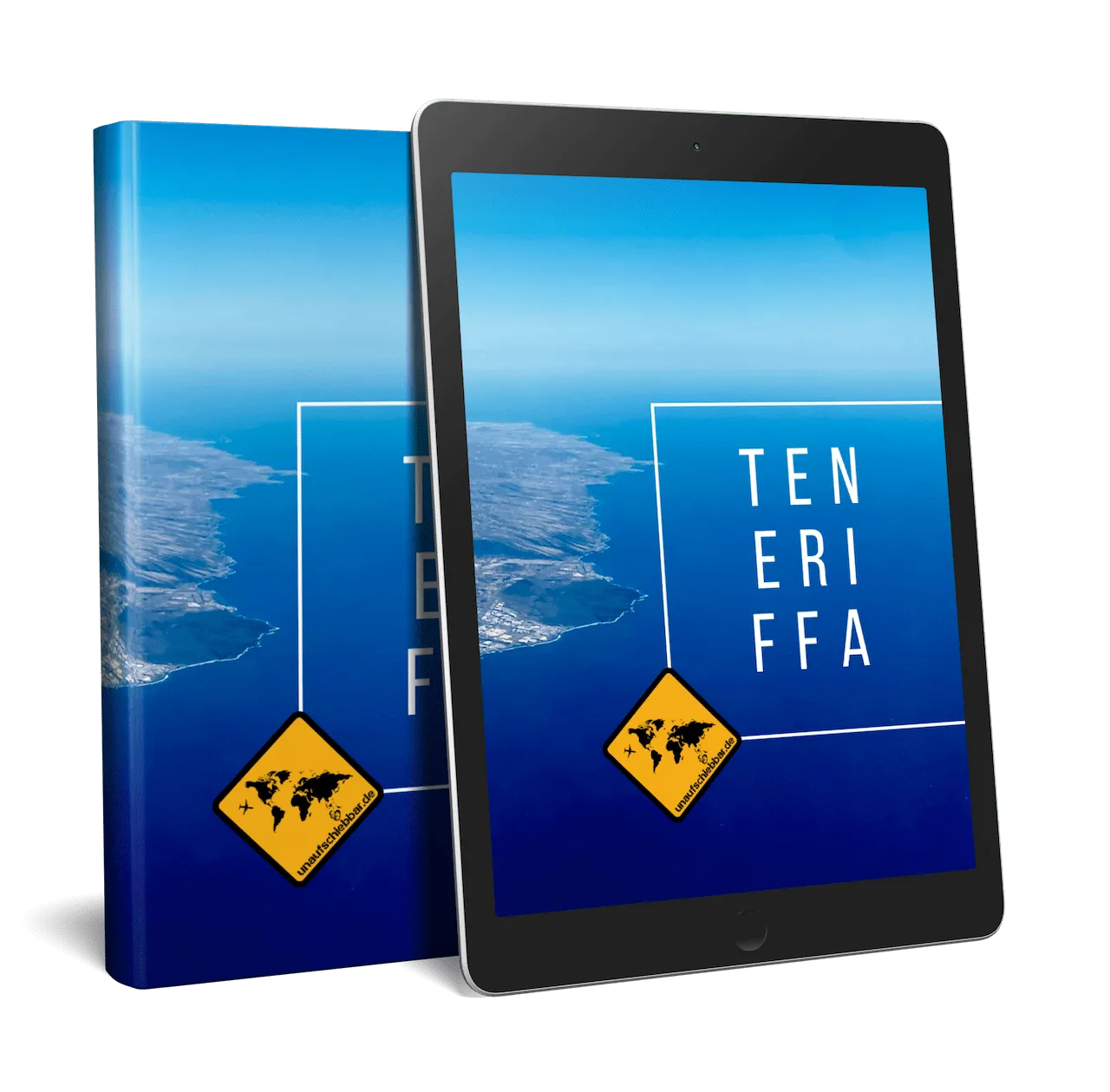 E-Book und Tablet-Version des Teneriffa Bildbands nebeneinander, beide zeigen Cover mit TENERIFFA Text und Insel-Luftaufnahme