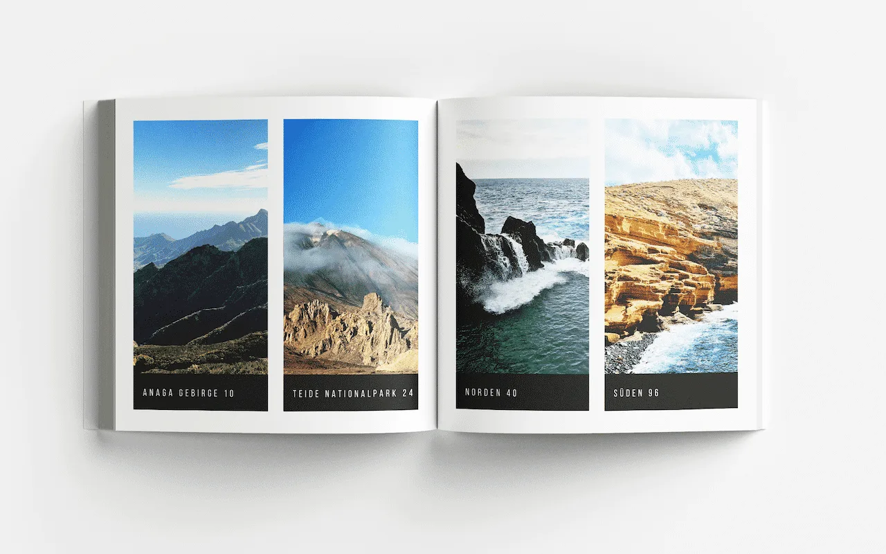 Aufgeschlagenes Bildband-Inhaltsverzeichnis mit vier Fotografien: Berglandschaft, Teide, Küstenfelsen, Felsenküste