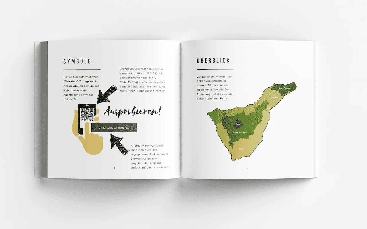Bildband-Doppelseite mit QR-Code, Symbolen, Text und farbiger Übersichtskarte von Teneriffa mit vier Regionen