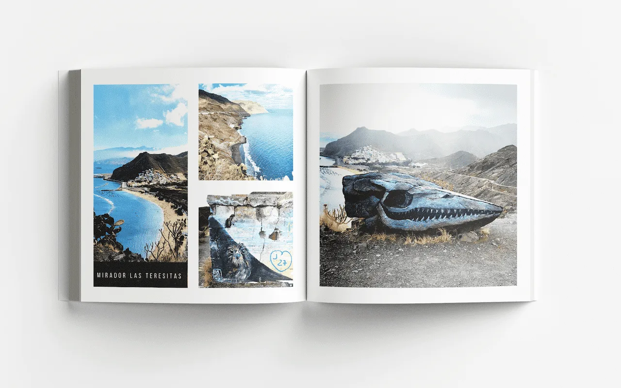 Bildband-Doppelseite mit mehreren Fotografien: Küstenlandschaft Teresitas, Felsformationen, Tierschädel in Wüste