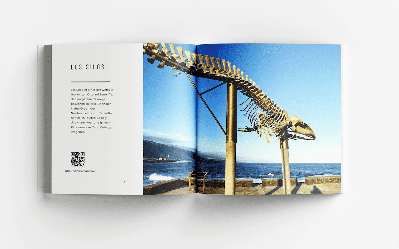 Bildband-Seite über Los Silos mit beschreibendem Text und großer Fotografie eines Fischgerippe-Monuments am Meer
