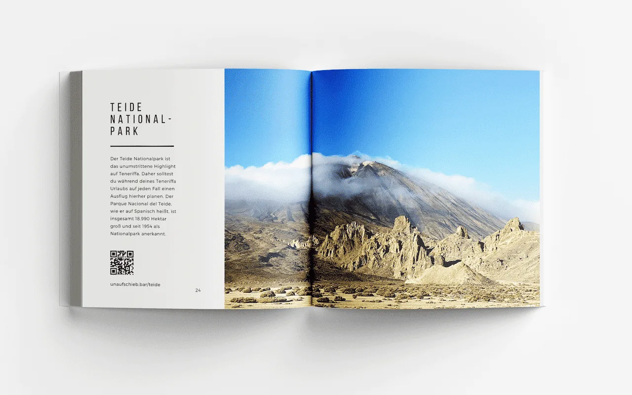 Bildband-Doppelseite über Teide Nationalpark mit Text links und großer Fotografie des Teide-Vulkans mit Schnee