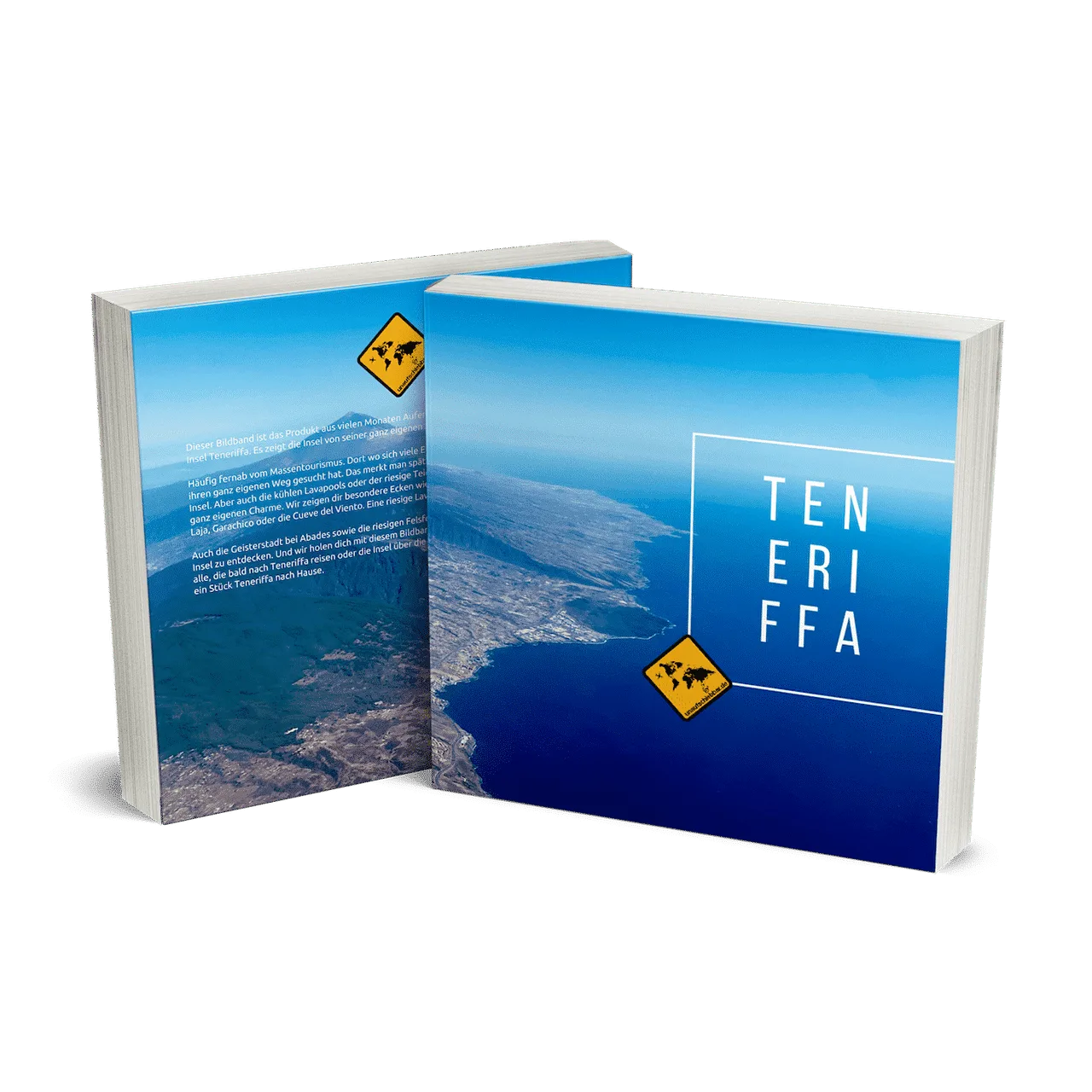 Teneriffa Bildband mit aufgeschlagenem Cover, zeigt Luftaufnahme der Insel und Text TENERIFFA mit Welt-Logo