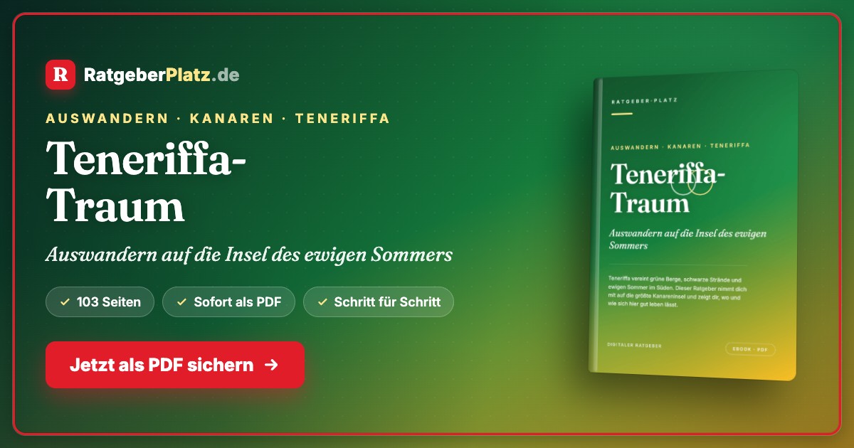 Hero-Banner mit RatgeberPlatz-Logo, grünem Farbverlauf und Buch-Mockup zum Ratgeber Teneriffa-Traum