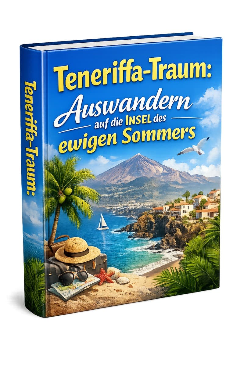 Teneriffa-Traum Buch-Cover mit blauem Hardcover, Strand-Szene mit Teide-Vulkan, Segelboot und Strandszene