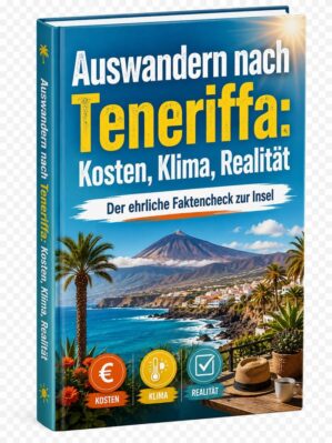 Auswandern nach Teneriffa Buch-Cover mit Teide-Vulkan, Strand, Palmen und Balkon-Szenerie