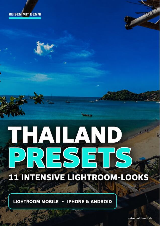 Hero-Banner Thailand Presets mit tropischem Strand, türkisblauem Meer und Lightroom Mobile Presets Produkttitel