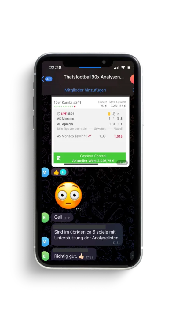 Messenger-Chat mit Wett-Tipp und Reaktions-Emoji für Fußball-Spielanalysen