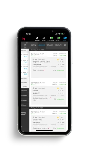 Mobil-Mockup einer Wett-App mit Live-Fußball-Spielen und Tippquoten