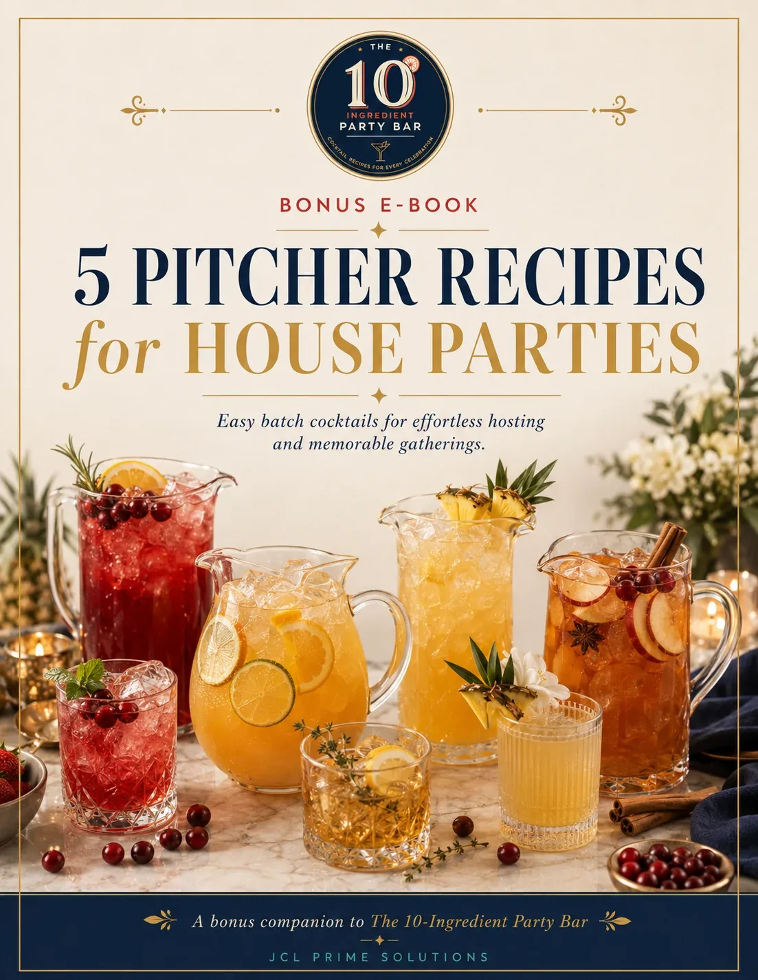 The 10-Ingredient Party Bar – Cocktail-E-Book für Gastgeber 5 5 Pitcher Recipes for House Parties Bonus E-Book Cover mit mehreren Pitcher-Cocktails