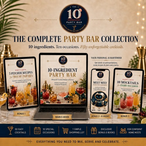 The 10-Ingredient Party Bar – Cocktail-E-Book für Gastgeber 17 The Complete Party Bar Collection Mockup mit E-Books auf Tablet, Laptop und mobilen Geräten, goldene Dekoration